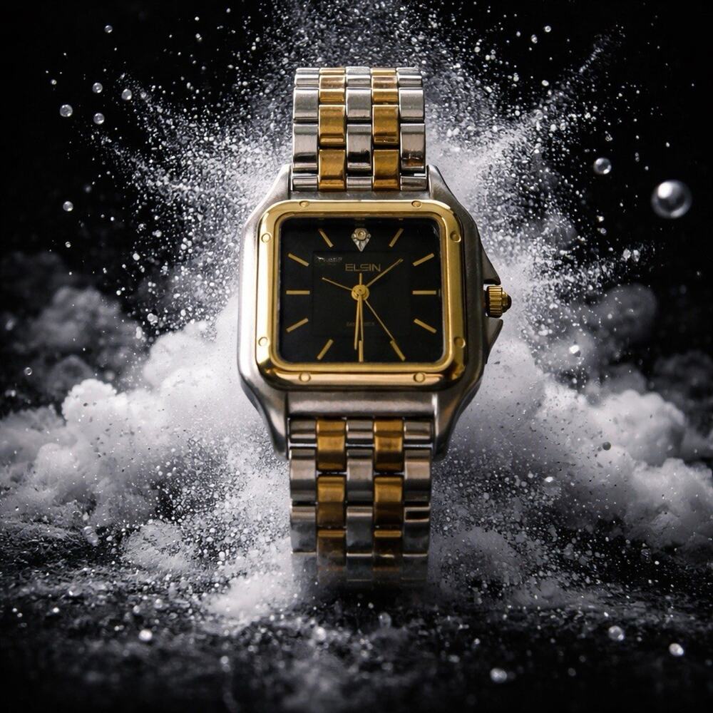 Elgin Ladies BlackDial Sunray Dress GoldSilver Tone Diamond Wristwatch